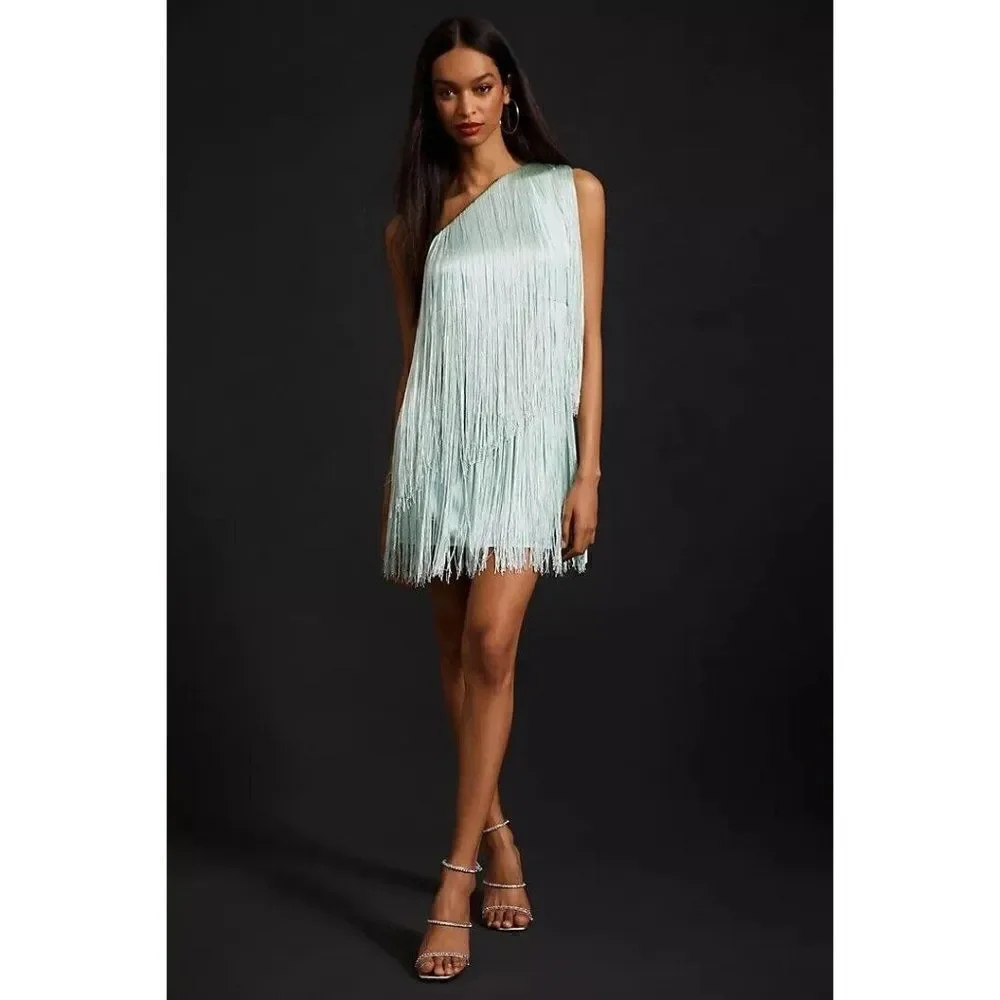 NWT ANTHROPOLOGIE X HUTCH ONE SHOULDER FRINGE MINI DRESS IN MINT - Picture 4 of 4